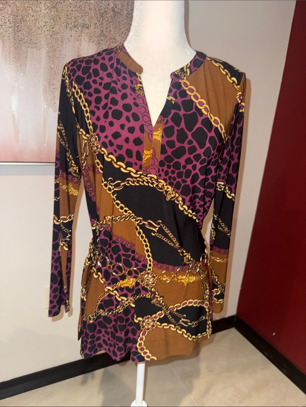 Anne Klein Purple Black Brown Chain Print Tunic